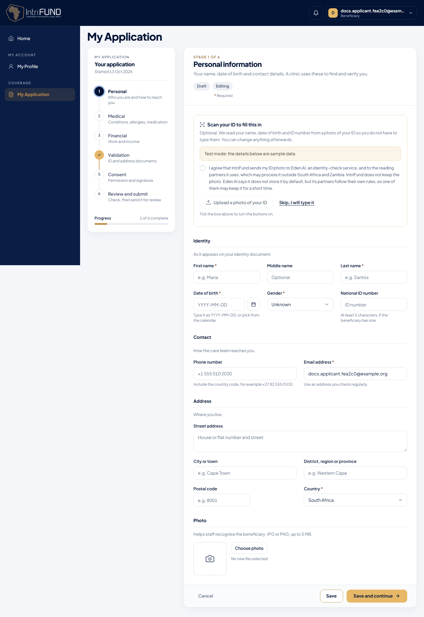 The first stage of a new application, with the optional Scan your ID panel at the top and the stage list on the left