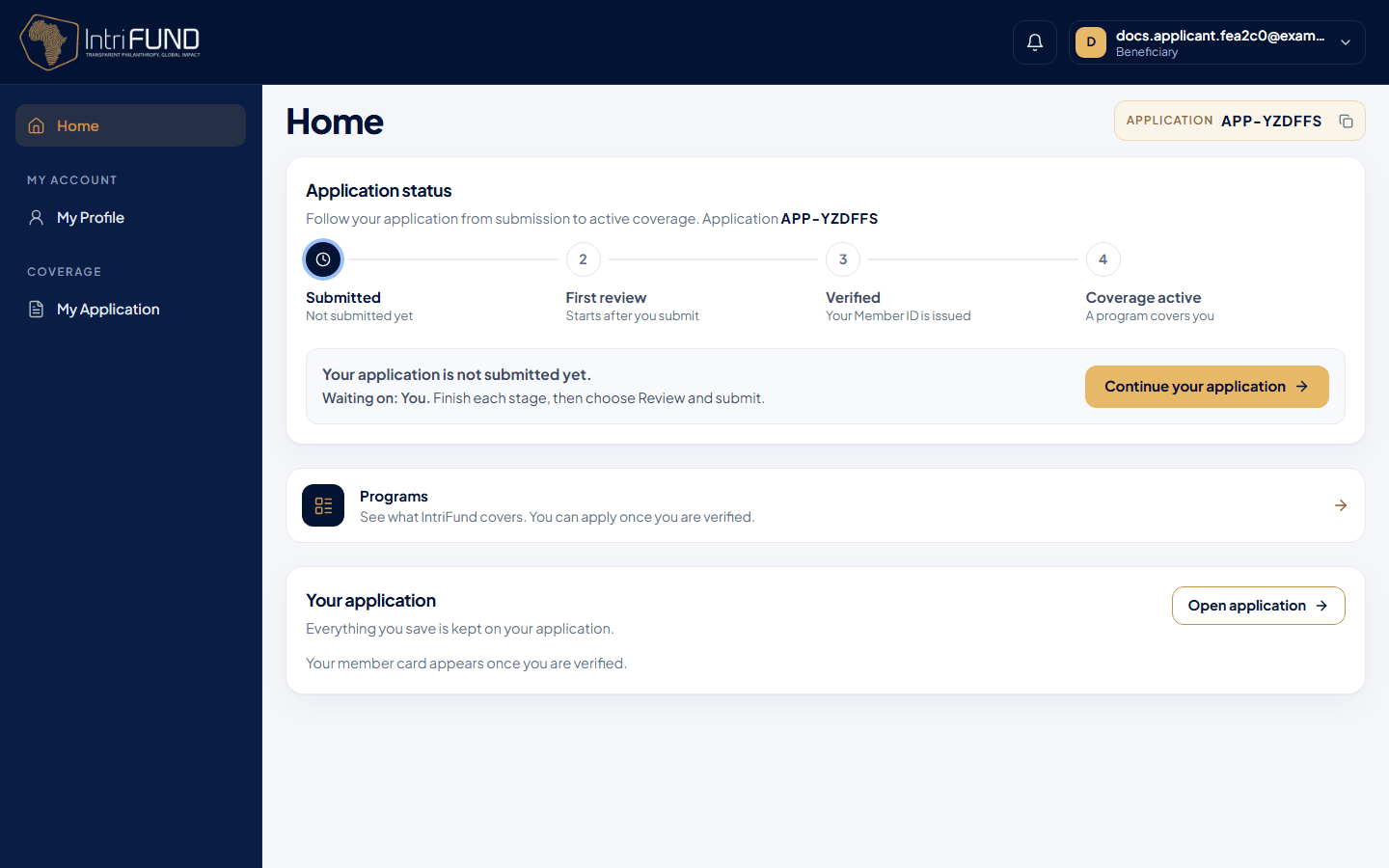 The member home page of a new applicant who has not submitted yet, with the four-step tracker