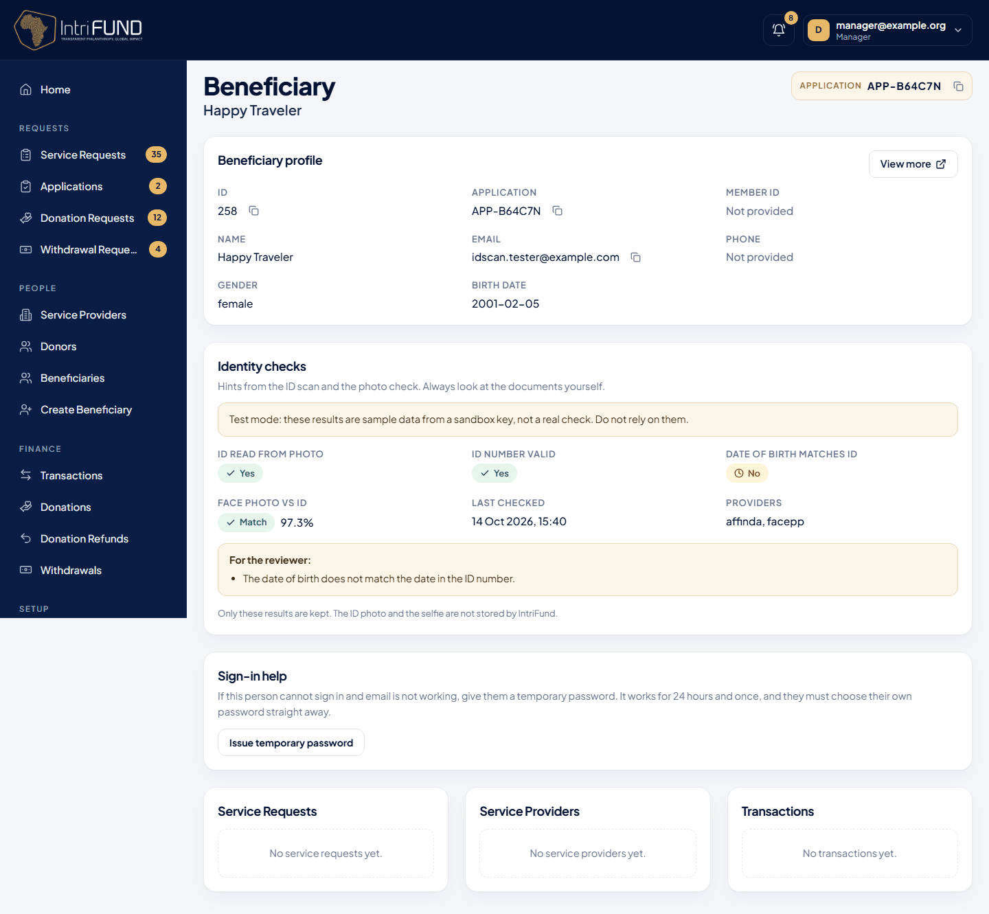 A beneficiary record as seen by a manager, with the approval strip and coverage