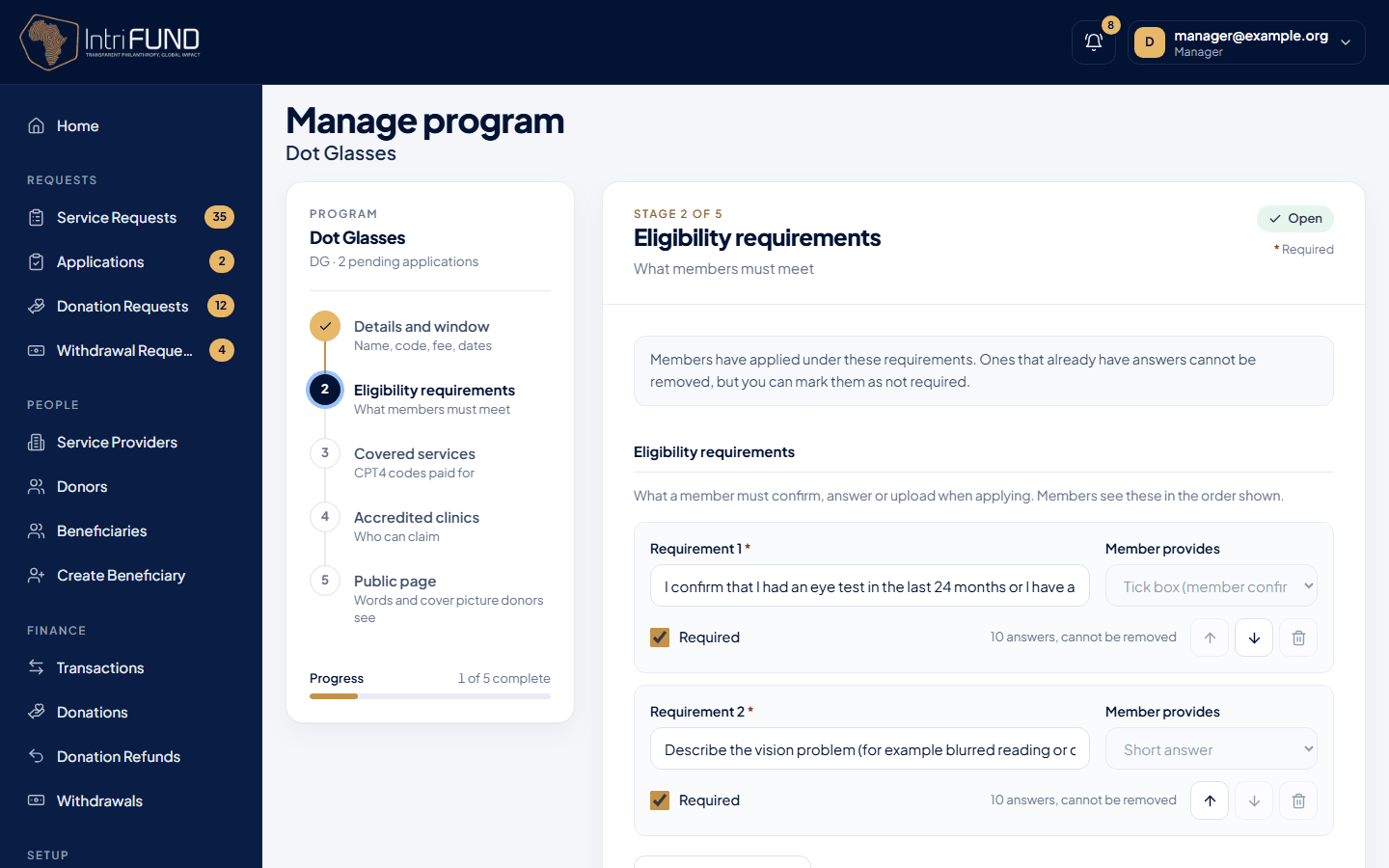 The requirements stage of a program, where each requirement is a tick box, text or document