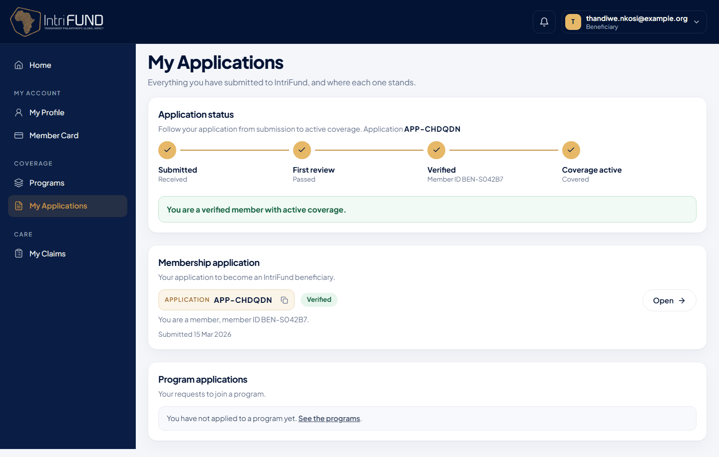 My Applications listing the membership application and program applications