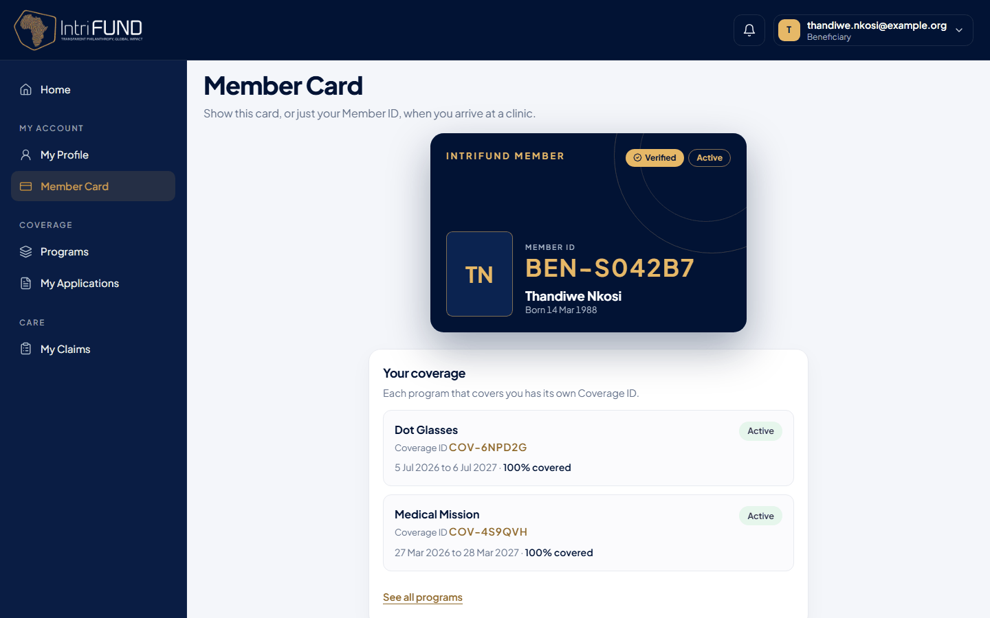 The Member Card on a computer, with the coverage list