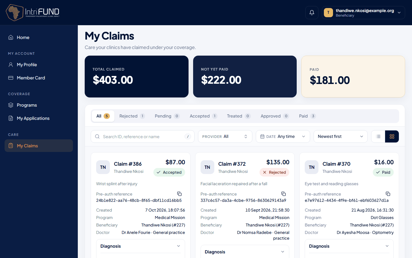 My Claims with balance boxes and a list of claims, each with its program