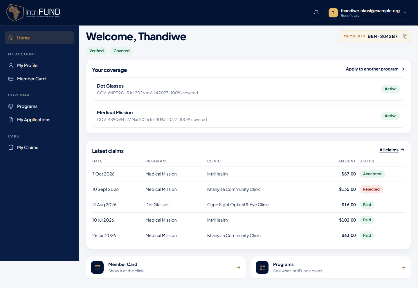 The member Home page with coverage in each program and the latest claims
