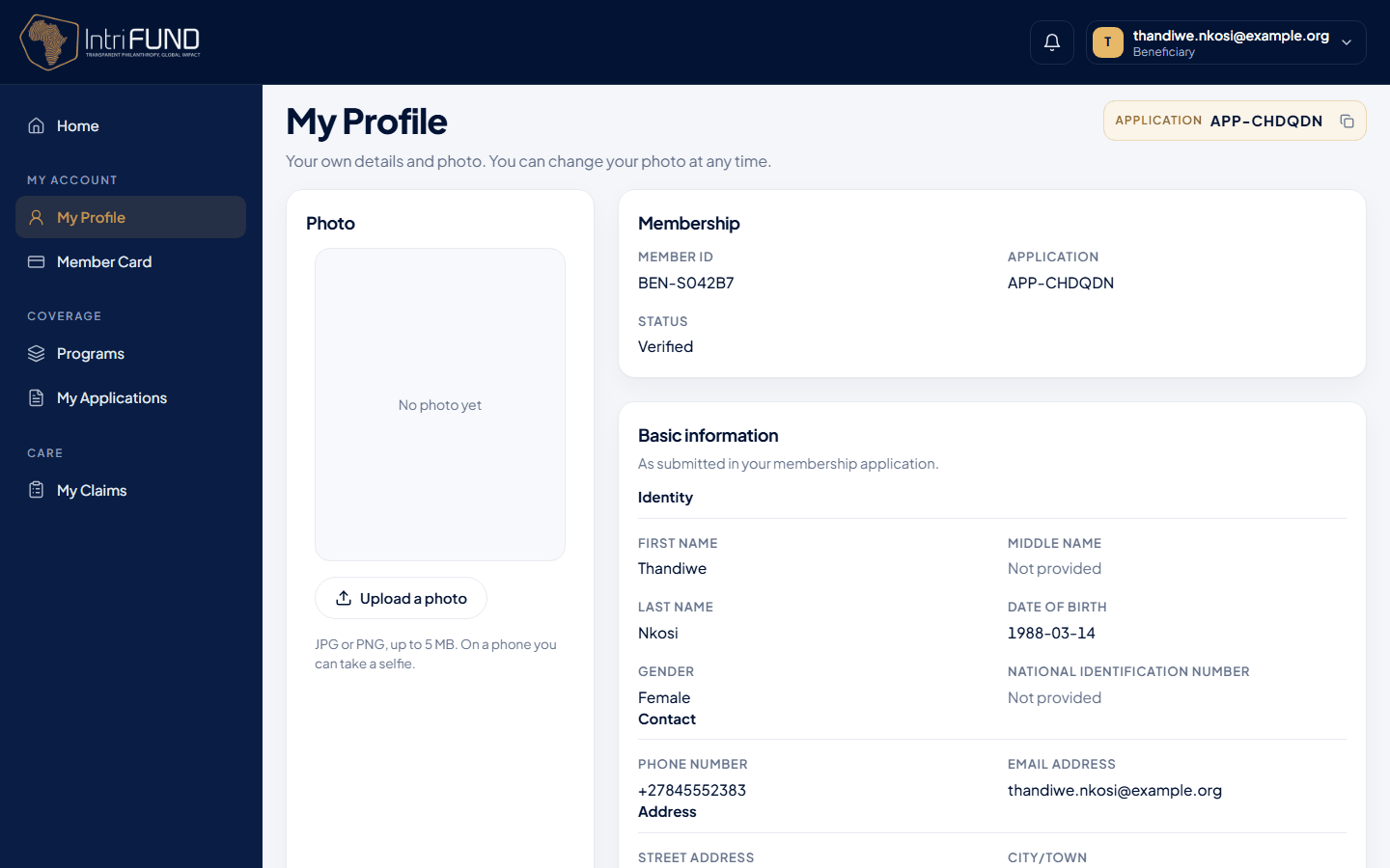 My Profile with the photo box, membership and details