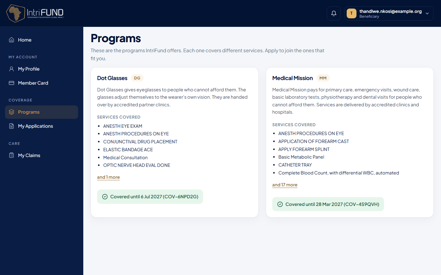 The Programs screen with a card for each program
