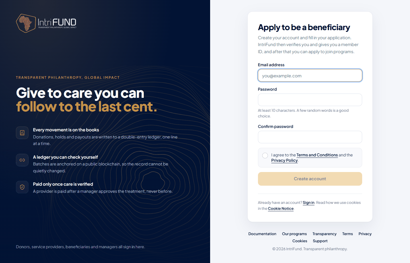 The Apply to be a beneficiary form with email, password, confirm password and the terms checkbox