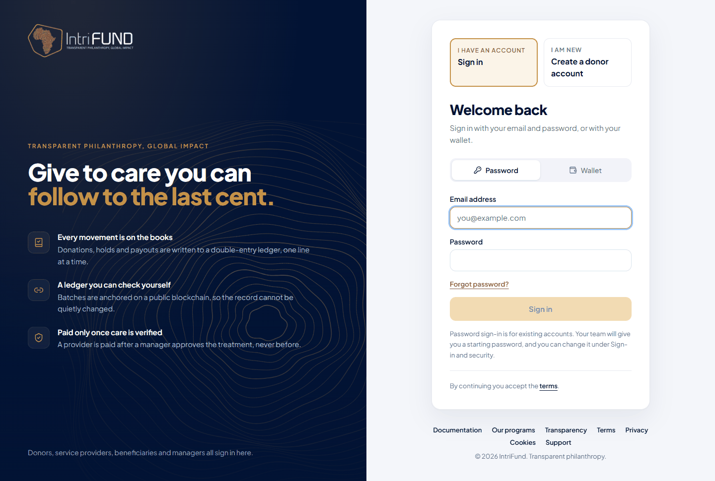The sign-in page for donors, with two choices at the top: I have an account, and I am new: Create a donor account