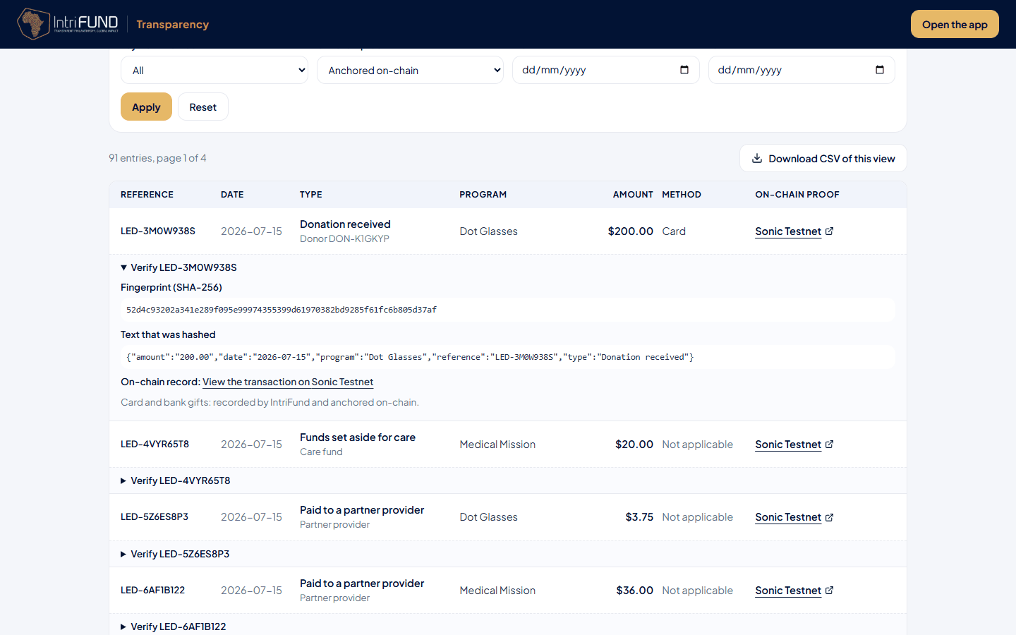 An entry on the Transparency page with the Verify panel open, showing the fingerprint, the hashed text and the link to the blockchain transaction